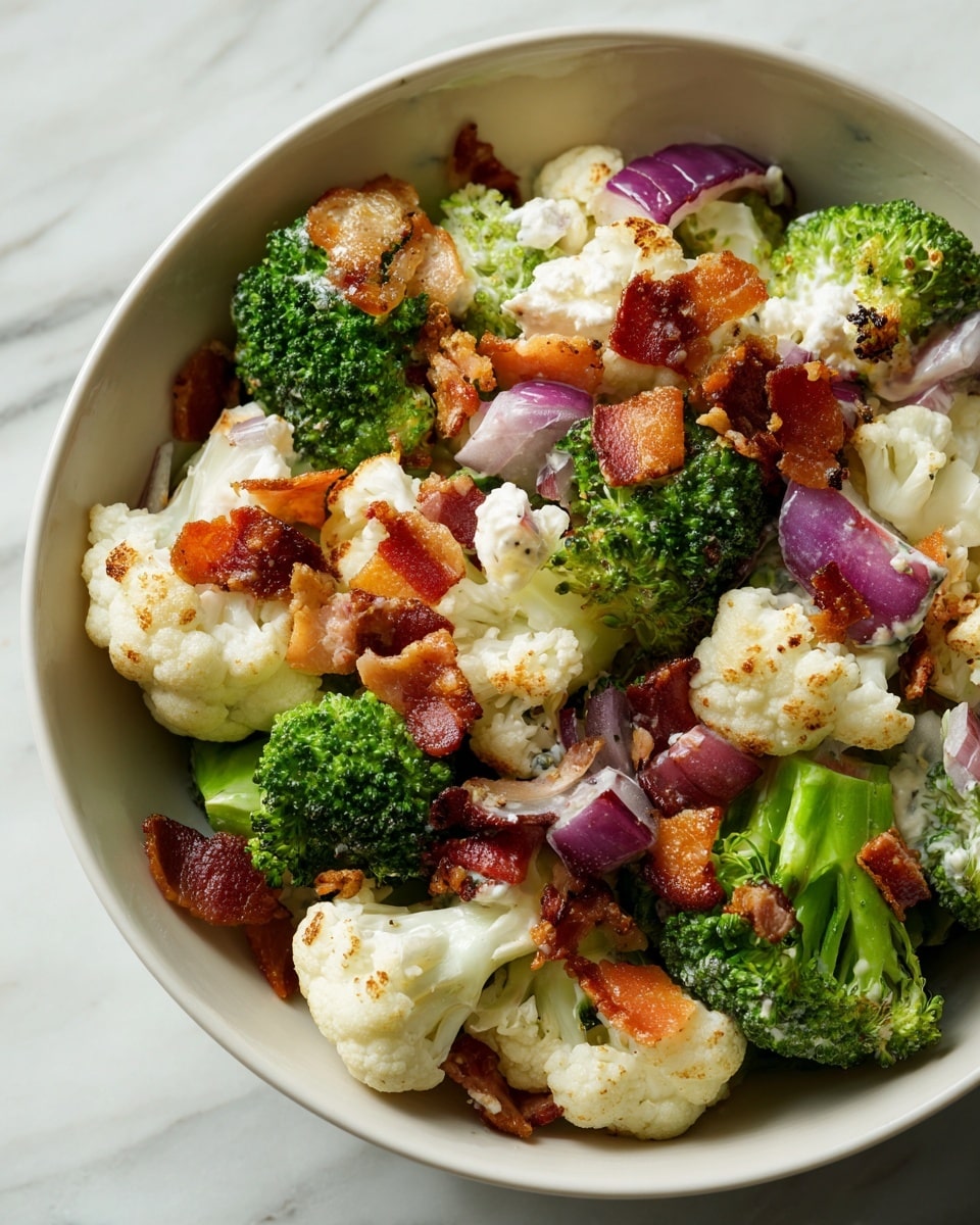 This close-up image shows a mixed salad with several layers and colors. The base layer consists of white cauliflower pieces and green broccoli florets with visible textures. Scattered throughout the salad are small cubes of orange and white cheese. There are also small purple-red onion chunks mixed in. Crispy brown bacon pieces are sprinkled on top, adding a crunchy texture. The salad is covered lightly with a creamy dressing that coats the vegetables and cheese. The entire dish is placed in a white bowl on a white marbled surface. photo taken with an iphone --ar 4:5 --v 7