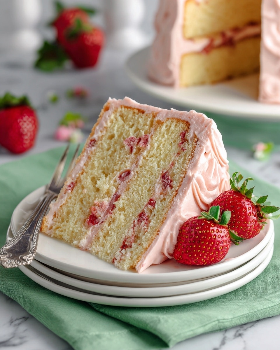 A thick slice of strawberry cake sits on a white plate, showcasing three soft yellow layers of cake with small pieces of strawberry baked inside. Between each layer is a light pink strawberry frosting, which also covers the outside edges. Two fresh strawberries, one whole and one cut in half showing the red inside, rest beside the slice. The plate sits on a green cloth with a white marbled surface underneath, and a silver fork is partially visible on the left. In the background, more cake and strawberries sit blurred. Photo taken with an iphone --ar 4:5 --v 7