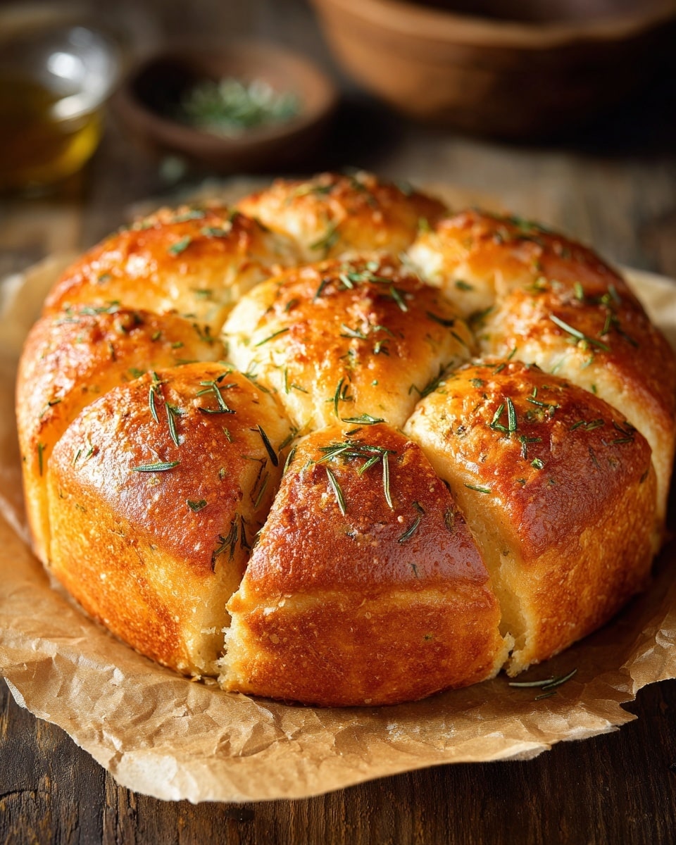 A round, golden-brown bread loaf with a shiny, slightly crispy crust sits on white parchment paper over a white marbled surface. The loaf is divided into eight thick, puffy segments by deep cuts across the top, showing the soft, fluffy inside. Sprinkled on the top are fresh green rosemary leaves and coarse salt grains, adding texture and color contrast. The bread has a warm, inviting look with a rustic, homemade feel. Photo taken with an iphone --ar 4:5 --v 7