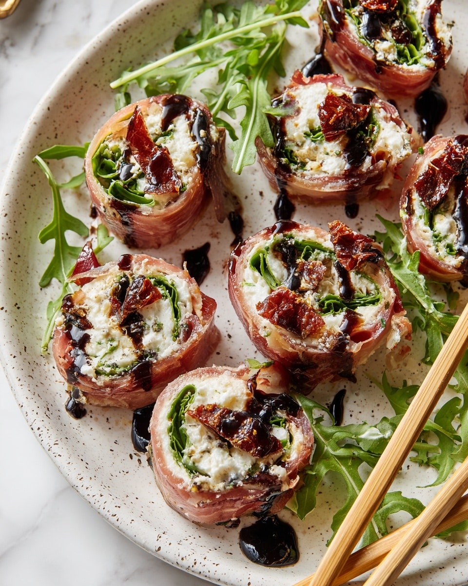 The image shows several roll-ups arranged on a white speckled plate placed on a white marbled surface. Each roll has three visible layers: an outer layer of thinly sliced pinkish-brown meat, a middle layer of bright green leafy arugula, and an inner layer of white creamy cheese topped with dark balsamic glaze drizzled unevenly. Small bits of reddish-brown sun-dried tomatoes or similar ingredients are interspersed within the layers. Around the rolls are loose arugula leaves, and a pair of light wooden chopsticks rests on the plate to the right side. The textures contrast from smooth and creamy cheese to crisp greens and tender meat. photo taken with an iphone --ar 4:5 --v 7