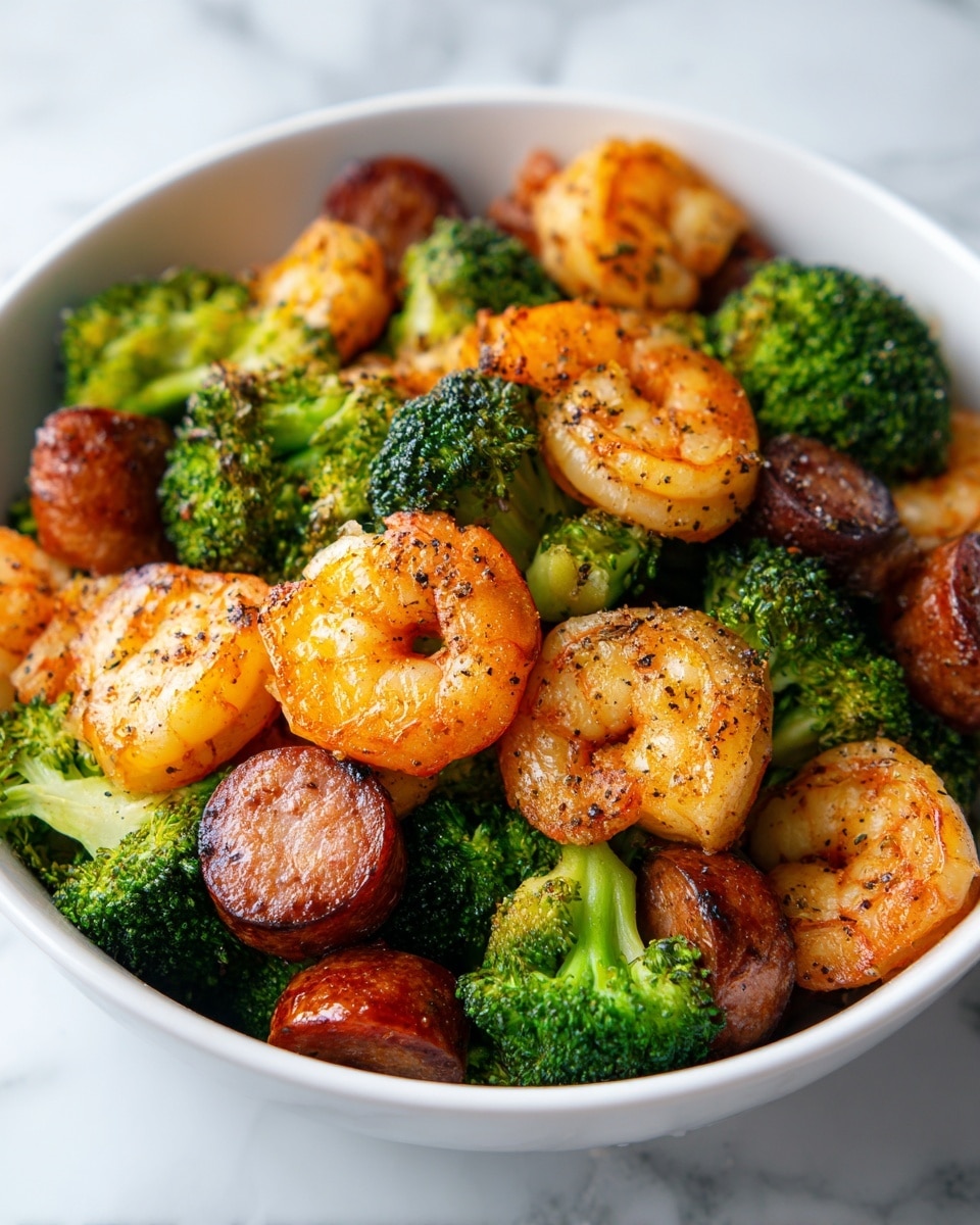 A white bowl filled with a colorful mix of cooked shrimp, broccoli, and sausage pieces. The shrimp are pinkish-orange with a shiny, slightly charred texture, showing grill marks. The broccoli is bright green with a fresh and slightly steamed look, adding a vibrant contrast. The sausage pieces are dark brown and glistening, nestled between the broccoli florets and shrimp. The whole dish looks glossy with a light coating of seasoning and sauce, placed on a white marbled surface. photo taken with an iphone --ar 4:5 --v 7