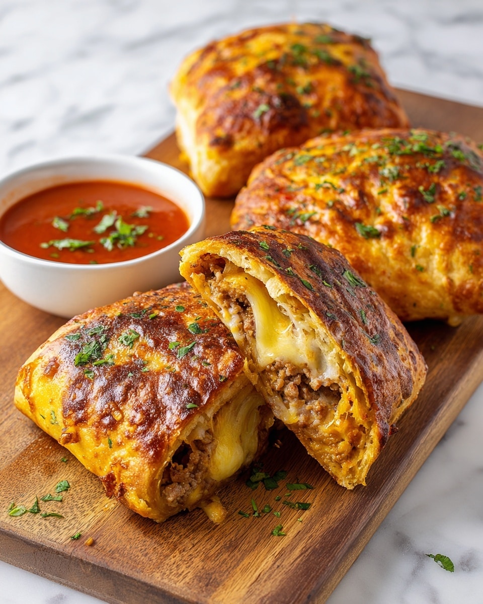 The image shows three pieces of golden-brown stuffed bread arranged on a wooden board. The bread has a crispy, cheesy top layer with green herbs sprinkled over it. One piece is cut open, revealing a filling with layers of melted cheese and finely chopped meat inside. Next to the bread is a white bowl filled with red sauce, garnished with some green herbs. The background is a white marbled texture. Photo taken with an iphone --ar 4:5 --v 7