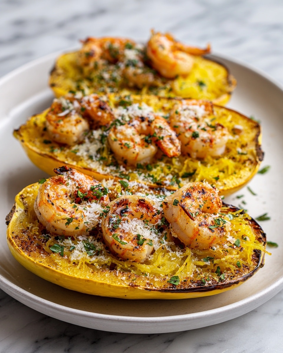 The dish shows three halves of baked yellow squash placed on a white plate, each filled with golden, stringy cooked squash inside. On top of each yellow base, there are two or three pinkish-orange shrimp with a light char and sprinkled with white grated cheese and finely chopped green herbs. The roasted squash edges have a slightly brown, crispy texture. The shrimp look juicy and slightly shiny with a light seasoning of green herbs spread evenly. The plate rests on a white marbled surface. photo taken with an iphone --ar 4:5 --v 7
