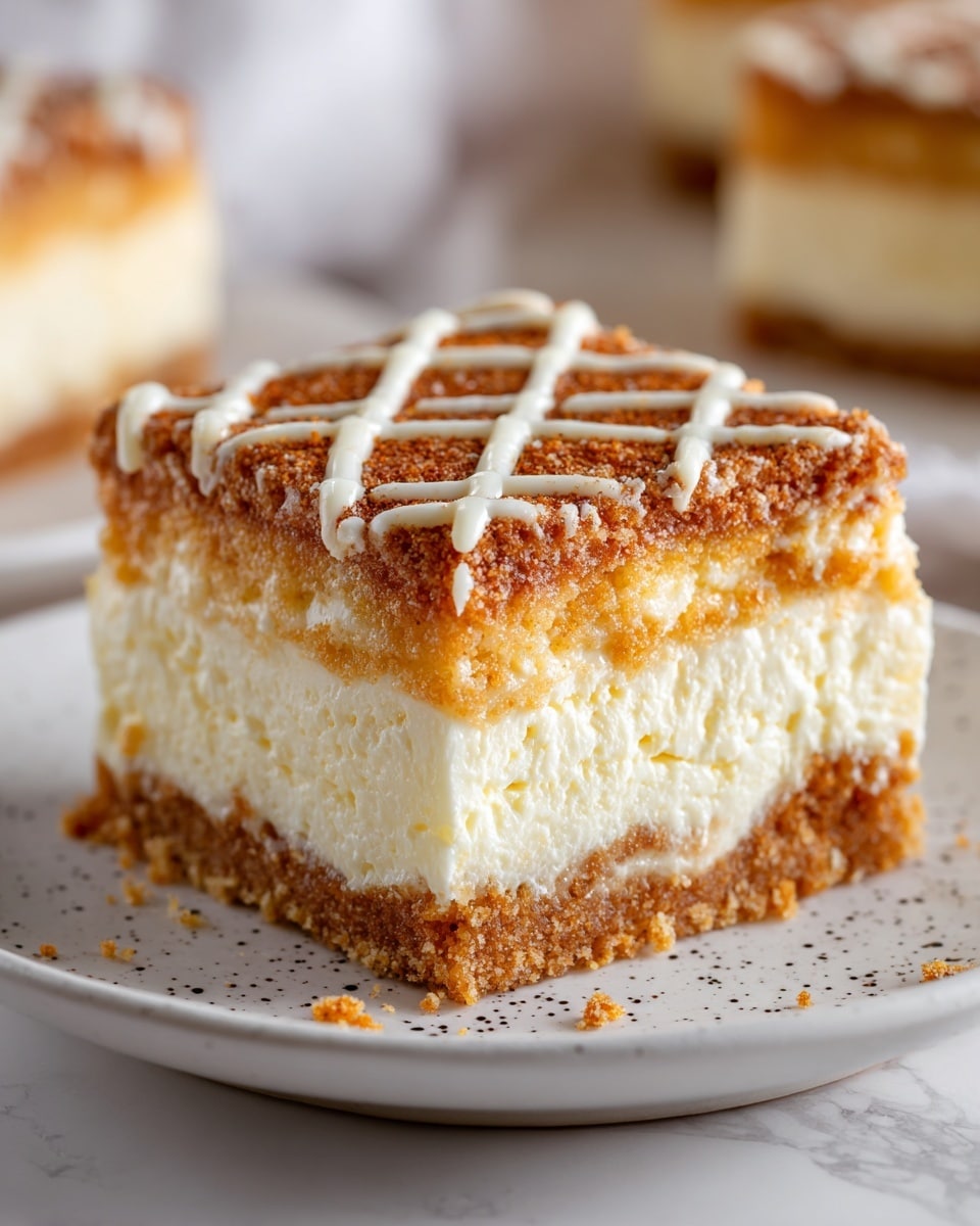 A close-up view of a two-layer dessert square placed on a white plate with small black specks, set on a white marbled surface. The dessert has a crumbly light golden brown crust on the bottom, a thick soft white cream cheese layer in the middle, and another thin golden brown crust layer above the cream cheese. The top layer is slightly thicker and crumbly with a lattice pattern of white icing drizzled across it. The edges show a few crumbs falling off, adding texture and detail. Photo taken with an iphone --ar 4:5 --v 7