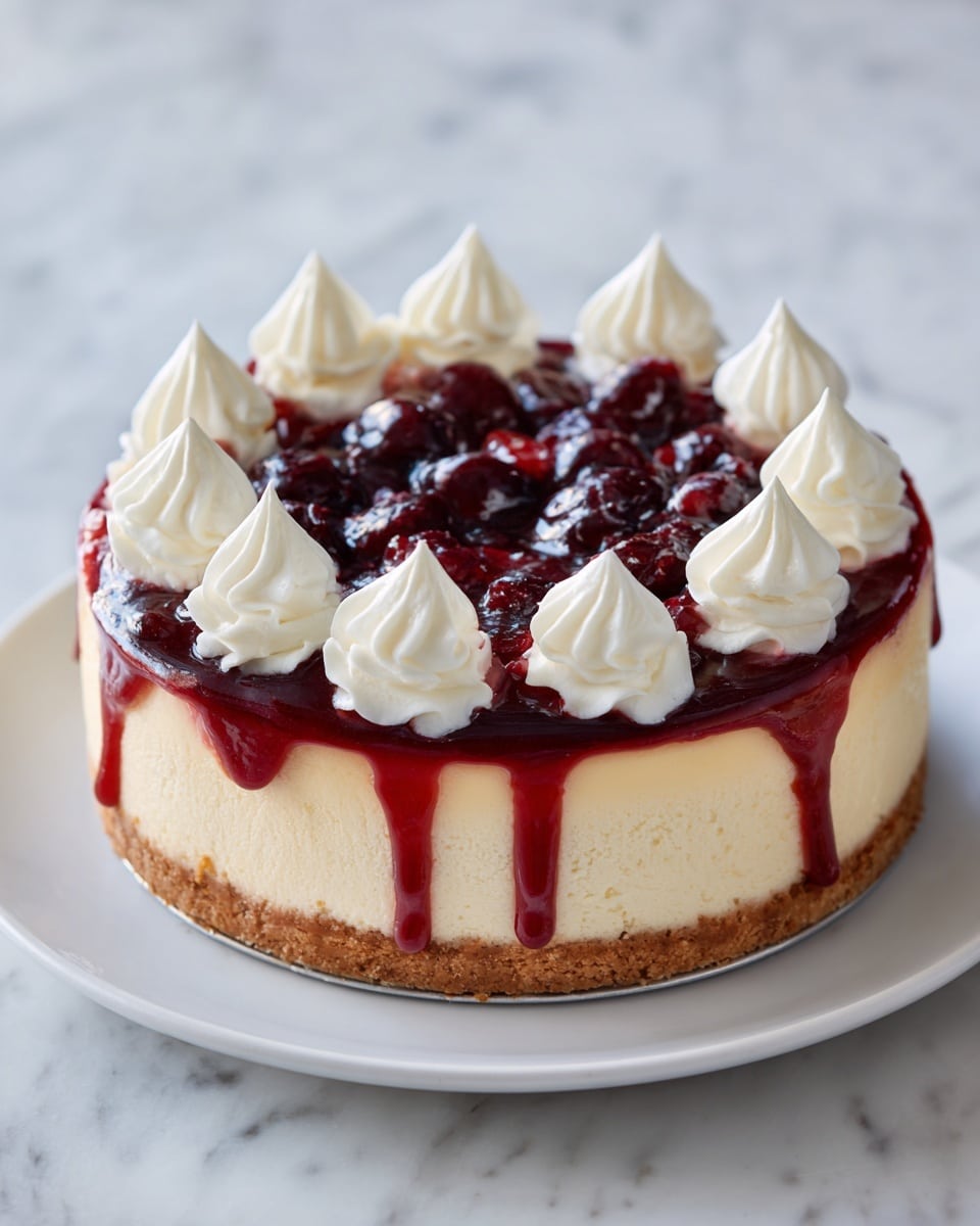 A round cheesecake with a smooth, creamy light beige base layer sits on a white plate. On top, there is a thick, glossy dark red berry topping layer that slightly drips down the sides. Around the edge, there is a ring of fluffy white whipped cream swirls that add texture and contrast. The background is a white marbled surface with soft natural light highlighting the cake’s colors. photo taken with an iphone --ar 4:5 --v 7