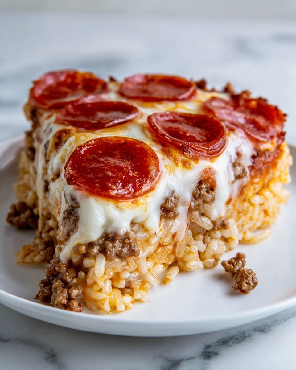 A close-up of a slice of layered pizza casserole on a white plate set on a white marbled surface. The bottom layer is a thick, golden mixture with visible rice grains and small browned ground meat pieces. The middle layer is melted white cheese mixed with more ground meat, creating a gooey, creamy texture. The top layer features large, shiny, deep red pepperoni slices scattered evenly. The edges show some melted cheese spills, adding a slightly crispy look. photo taken with an iphone --ar 4:5 --v 7