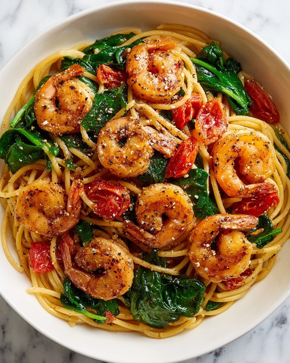 A white bowl filled with spaghetti pasta at the base, topped with cooked shrimp arranged in a circle on the pasta. Around and between the shrimp there are bright green spinach leaves and small chunks of red tomatoes. The shrimp are seasoned with spices that give them a slightly reddish color with black pepper flakes visible on top. Everything looks glossy with a light coating of oil. The bowl is placed on a white marbled surface. Photo taken with an iphone --ar 4:5 --v 7