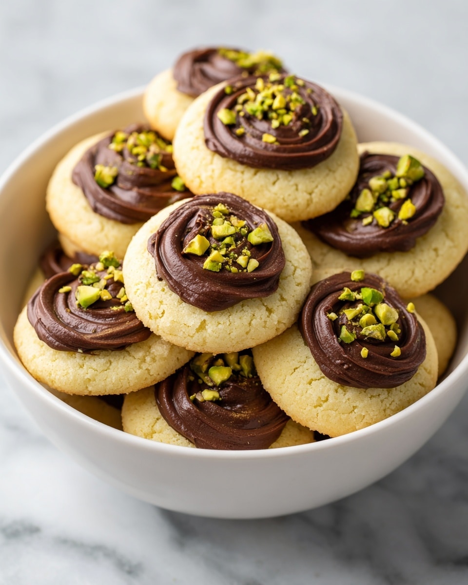 A white plate holds a stack of round cookies, each topped with a thick swirl of dark brown chocolate cream. The cookies are light golden brown, and the chocolate cream is smooth and glossy, decorated with small green pistachio pieces sprinkled on top. The cookies overlap each other in a slightly messy pile, resting on a white marbled surface. Photo taken with an iphone --ar 4:5 --v 7
