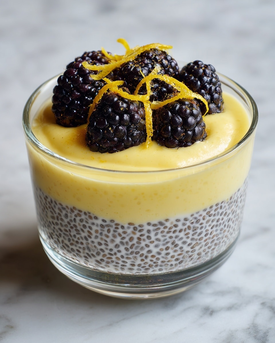 A clear glass bowl shows three layers of a dessert placed on a white marbled surface: the bottom layer is white with many small black chia seeds evenly spread, the middle layer is a smooth, thick, yellow custard, and the top layer features several shiny, dark purple blackberries with a few thin yellow lemon zest curls scattered over them. photo taken with an iphone --ar 4:5 --v 7