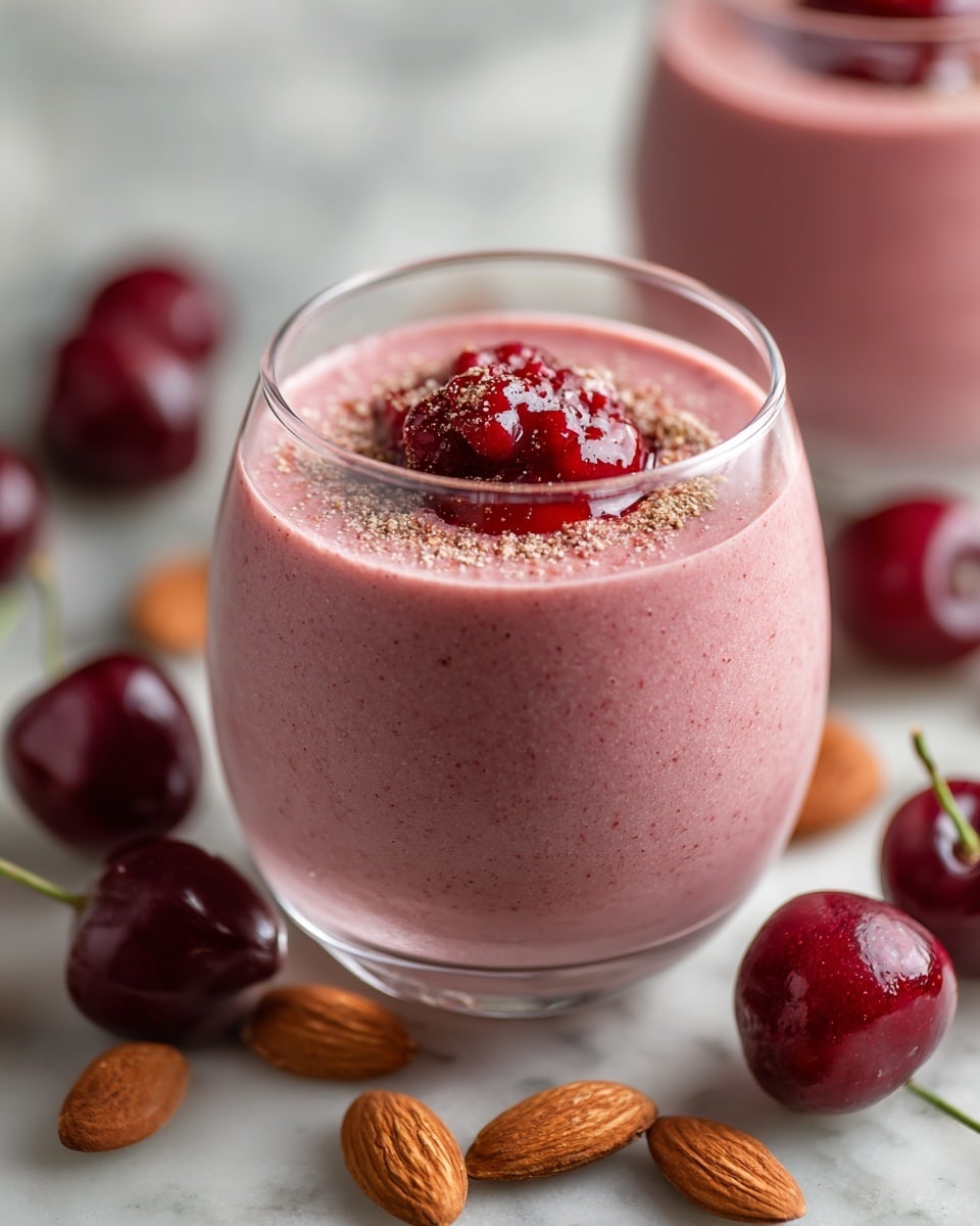 A clear glass is filled with a smooth, pink cherry smoothie that has a creamy texture. On top of the smoothie, there is a dollop of bright red cherry sauce and a light sprinkle of brown ground spice. Around the base of the glass are whole shiny red cherries and raw almonds, placed on a white marbled surface. In the background, there is another glass of the same pink cherry smoothie, slightly out of focus. photo taken with an iphone --ar 4:5 --v 7