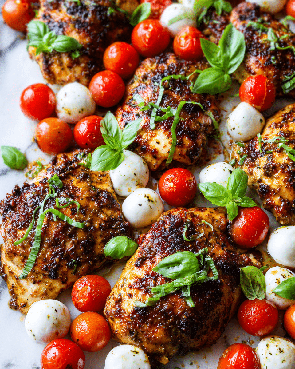 The image shows a close-up of six pieces of grilled chicken with a golden-brown and slightly charred texture, arranged closely on a white pan. Around the chicken, there are many small, bright red cherry tomatoes and small white mozzarella balls scattered evenly. On top of the chicken and tomatoes, there are thin, fresh green basil leaves adding a fresh touch. The dish looks juicy and colorful with a mix of red, white, green, and deep brown colors shining against the white marbled surface underneath. Photo taken with an iphone --ar 4:5 --v 7
