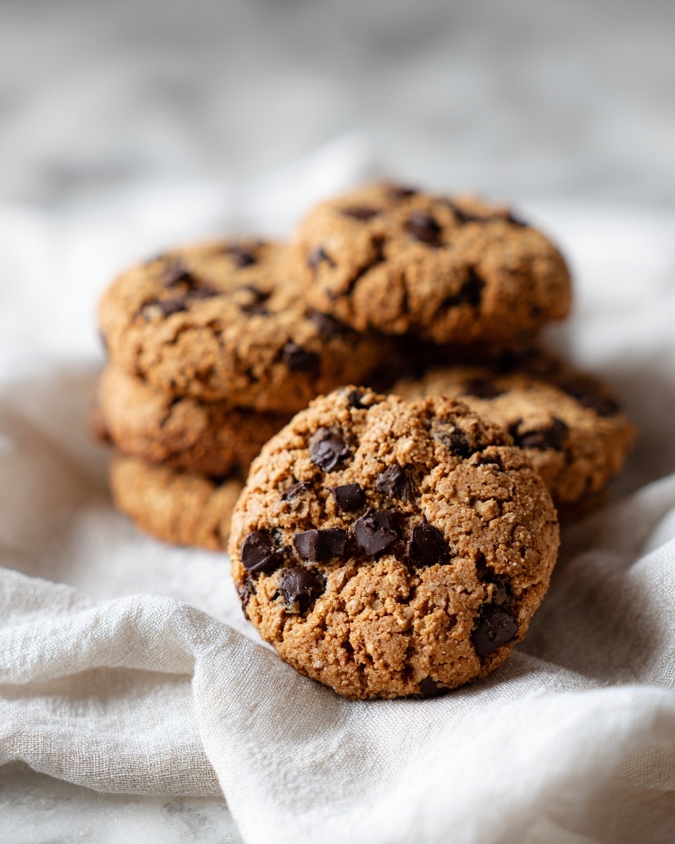 The image shows five round chocolate chip cookies with a rough, crumbly texture, placed on a layered white cloth with soft folds. The cookies have a golden brown color with dark brown chocolate chips scattered on the surface. The front cookie is in sharp focus with visible grainy and chunky bits, while the other four cookies are softly blurred in the background. The scene is set on a white marbled surface that adds a smooth contrast to the rough cookies. photo taken with an iphone --ar 4:5 --v 7