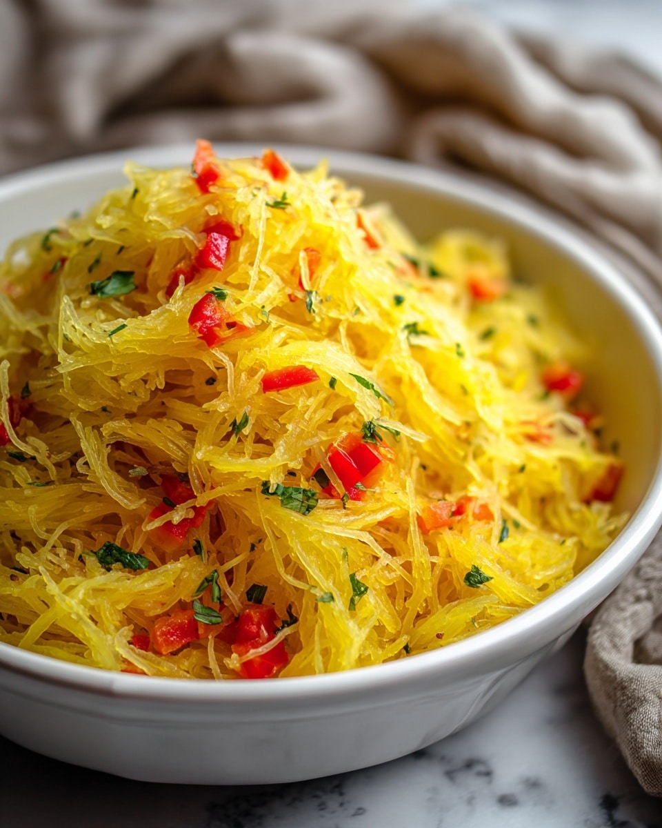 A close-up bowl filled with cooked spaghetti squash strands forming a fluffy, loose mound. The spaghetti squash is vibrant yellow with a slightly wet, soft texture. Mixed inside are small pieces of bright red bell pepper scattered evenly throughout and flecks of fresh green herbs, creating colorful contrast. The bowl is white and bowl edges curve gently upward. The background is a soft blurred white marbled texture with a crumpled neutral-colored cloth nearby. The lighting softly highlights the glossy texture of the squash strands. Photo taken with an iphone --ar 4:5 --v 7
