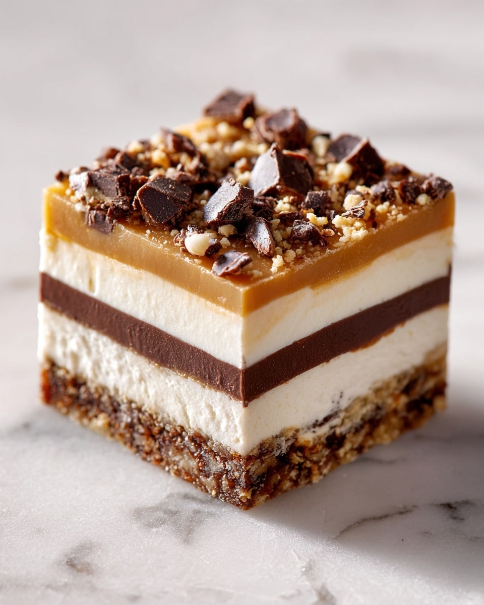 A close-up of a square dessert bar with three clear layers: the bottom layer is a dark, rich chocolate crust that looks dense and fudgy; the middle layer is creamy and white with a smooth texture, sitting thick and even; the top layer is golden brown with crumbly bits and is topped with several large, shiny chocolate chips scattered on the surface. The dessert sits on a white marbled surface. Photo taken with an iphone --ar 4:5 --v 7