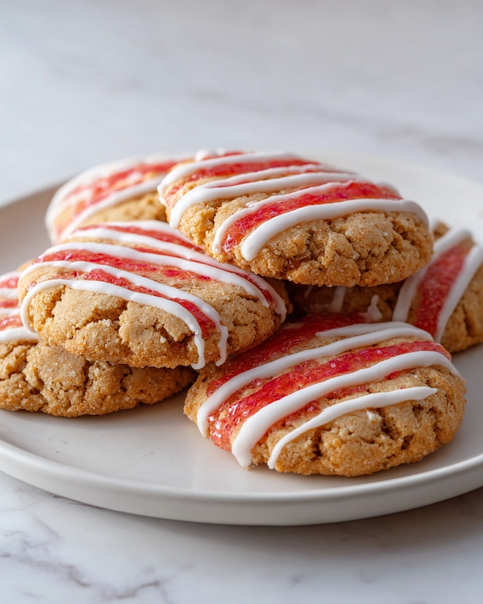 A white plate on a white marbled surface holds five round cookies stacked in a small pile. Each cookie has a rough, crumbly light beige base with visible small bits in the dough. On the top of each cookie, there are red jam streaks spread unevenly, giving a glossy texture. Over the jam, white icing is drizzled in thin, diagonal lines across the cookies, adding a smooth contrast. The scene is bright, showing soft natural light highlighting the textures of the cookie crumb, jam shine, and icing glaze. photo taken with an iphone --ar 4:5 --v 7