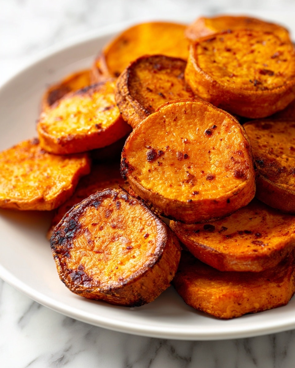 A close-up view of a white plate filled with several round slices of roasted sweet potatoes. Each slice has a golden-orange color with a slightly caramelized surface, showing patches of dark brown crispiness and a speckled texture from seasoning or spices. The sweet potatoes appear soft and tender on the inside with a lightly charred outer edge, giving them a warm, inviting look. The background is a white marbled texture. photo taken with an iphone --ar 4:5 --v 7