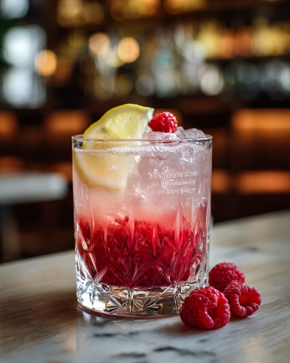 A clear, short glass with a cut crystal pattern contains a three-layer pink drink: the bottom layer is a deep red with whole raspberries, the middle layer is a lighter pink, and the top layer is foamy and bubbly, filled with ice cubes. A slice of lemon and a single raspberry sit on top of the ice. Three fresh raspberries rest on the wooden table beside the glass. The setting is a blurred bar background with a warm tone and the drink is placed on a white marbled surface. photo taken with an iphone --ar 4:5 --v 7