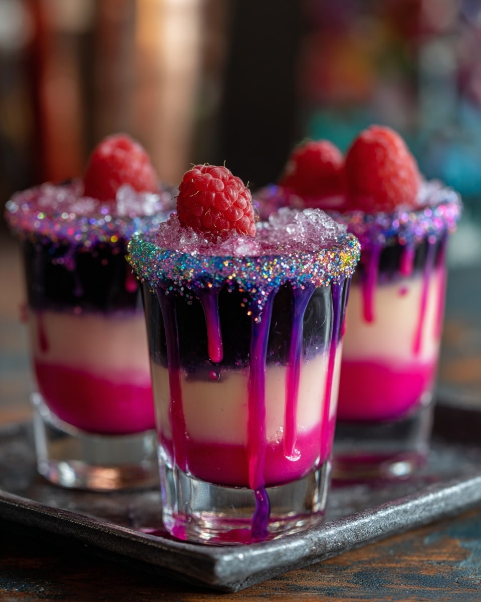 Three tall clear shot glasses sit closely on a dark speckled tray on a wooden table with a blurred background. Each glass has three layers: a bright pink bottom layer, a thick black middle layer, and a light pink top layer that drips down the sides in uneven streaks. The rims of the glasses are coated with colorful glitter sprinkles. On top of each glass, there is a dark purple sugar-coated candy topped with a fresh red raspberry. The scene is lit warmly, highlighting the glossy textures and bright colors of the drink. photo taken with an iphone --ar 4:5 --v 7