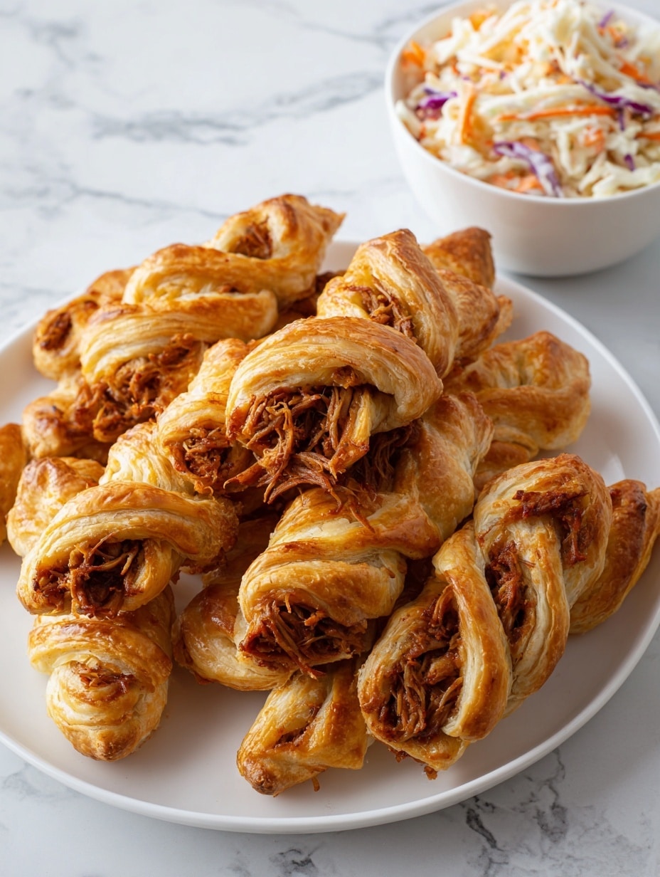A stack of golden-brown pulled pork pastry puffs sits on a white plate with orange stripes around the edges, arranged in a loose pile. Each puff shows flaky, crispy layers of light tan pastry with a slightly darker, reddish-brown pulled pork filling visible at the center and ends, topped with small bits of green herbs. In the blurred background, there is a white bowl with orange spots filled with colorful shredded slaw, featuring white, orange, and purple pieces. The whole scene is set on a white marbled surface. Photo taken with an iphone --ar 4:5 --v 7