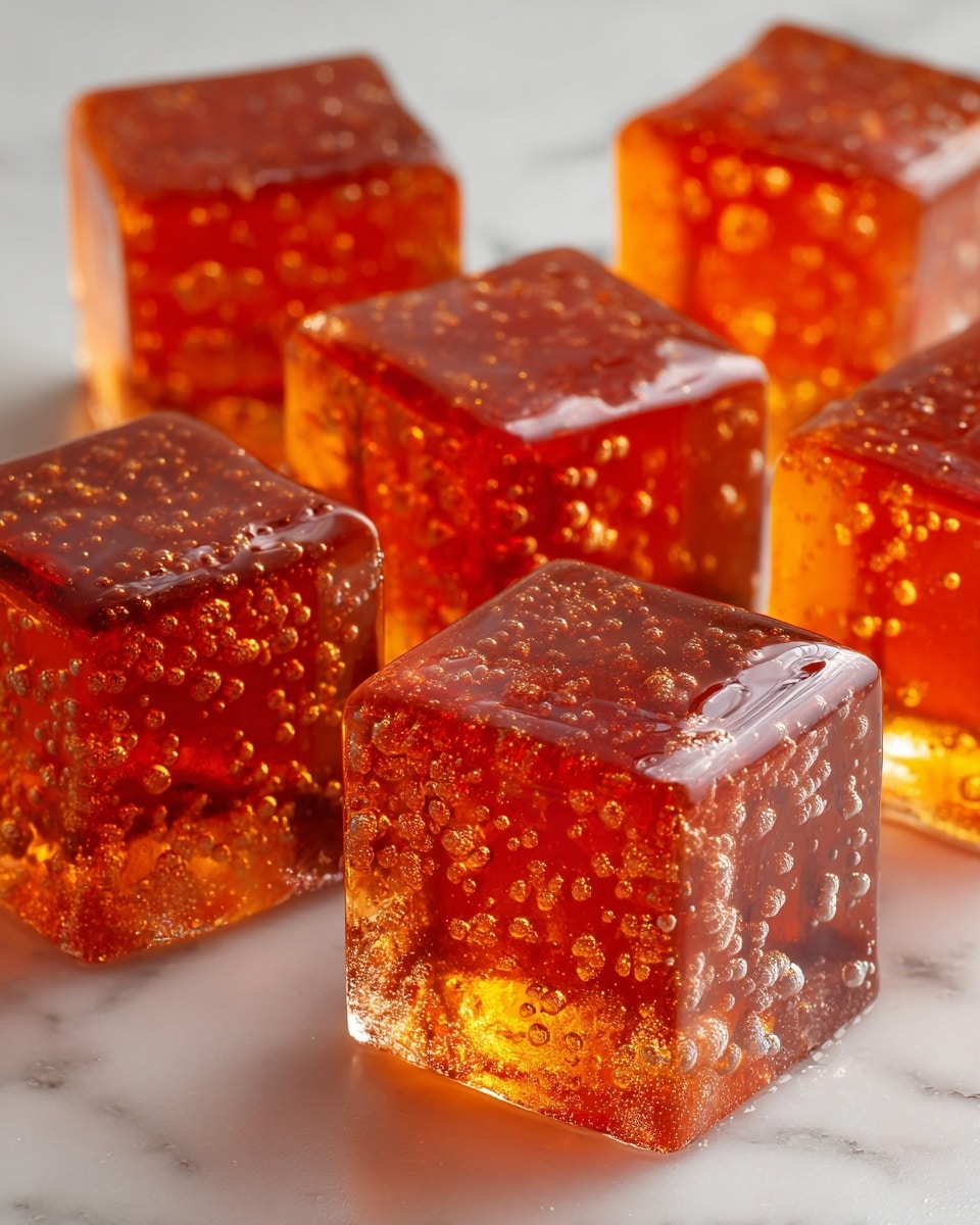 This image shows several shiny, translucent amber jelly cubes placed closely together on a white surface with a soft white marbled texture. Each cube is smooth and clear, revealing tiny bubbles inside that catch the light, making the jelly look glossy and slightly sparkly. The cubes have clean edges and a consistent amber color that deepens slightly near the bottom, giving a warm, glowing effect. The light reflects off their surfaces, highlighting their smooth textures and the small bubbles dispersed throughout each cube. photo taken with an iphone --ar 4:5 --v 7
