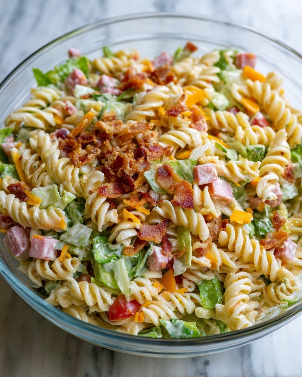 A close-up view of a pasta salad in a clear glass bowl with three visible layers of spiral rotini pasta in green, cream, and light orange colors mixed evenly. Interspersed among the pasta are small cubes of pale pink ham, pale green lettuce, bright orange cheddar cheese, and small pieces of red tomato. Crispy brown bacon bits are scattered on top, adding texture and contrast. The pasta and ingredients are coated lightly with a shiny, creamy dressing. The bowl sits on a white marbled surface. photo taken with an iphone --ar 4:5 --v 7