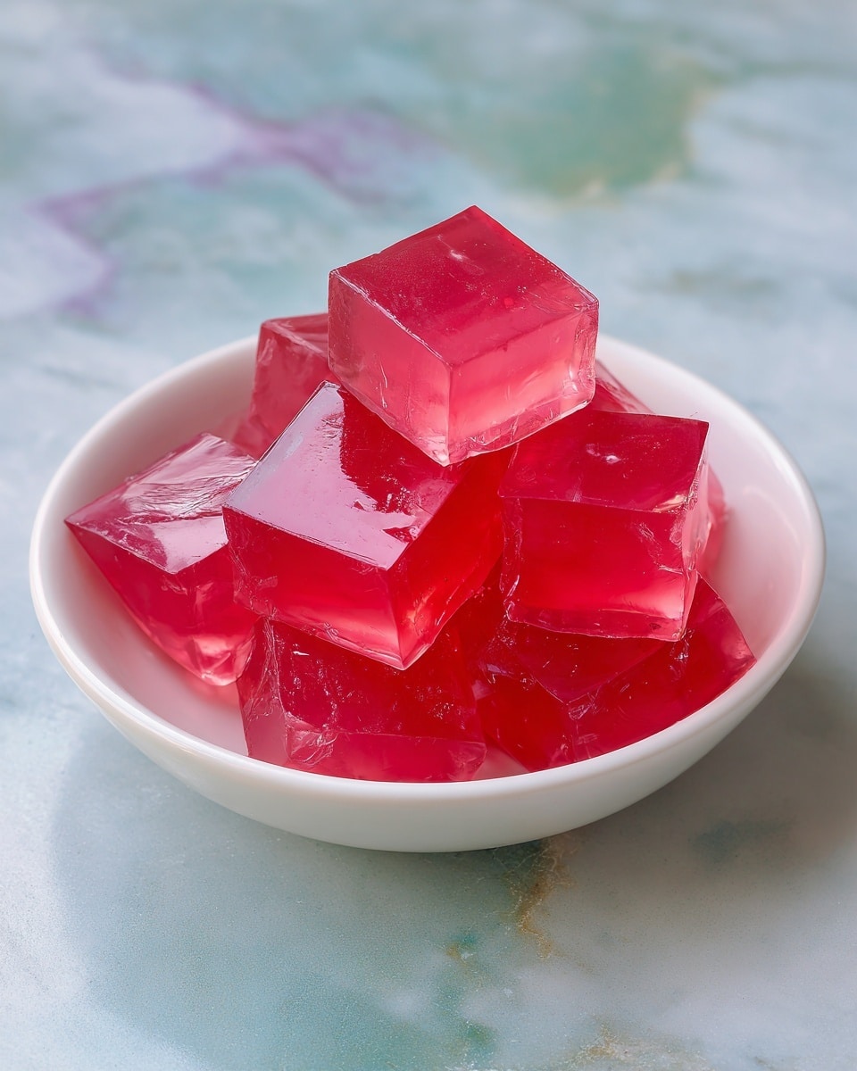 A white bowl filled with shiny pink jelly cubes stacked loosely on top of each other. The jelly pieces are smooth with clear edges and a glossy texture. They reflect light slightly, showing their translucent quality, and vary a bit in shape but mostly square or rectangular. The bowl is set on a white marbled surface with soft, blurred green and purple shapes in the background. photo taken with an iphone --ar 4:5 --v 7