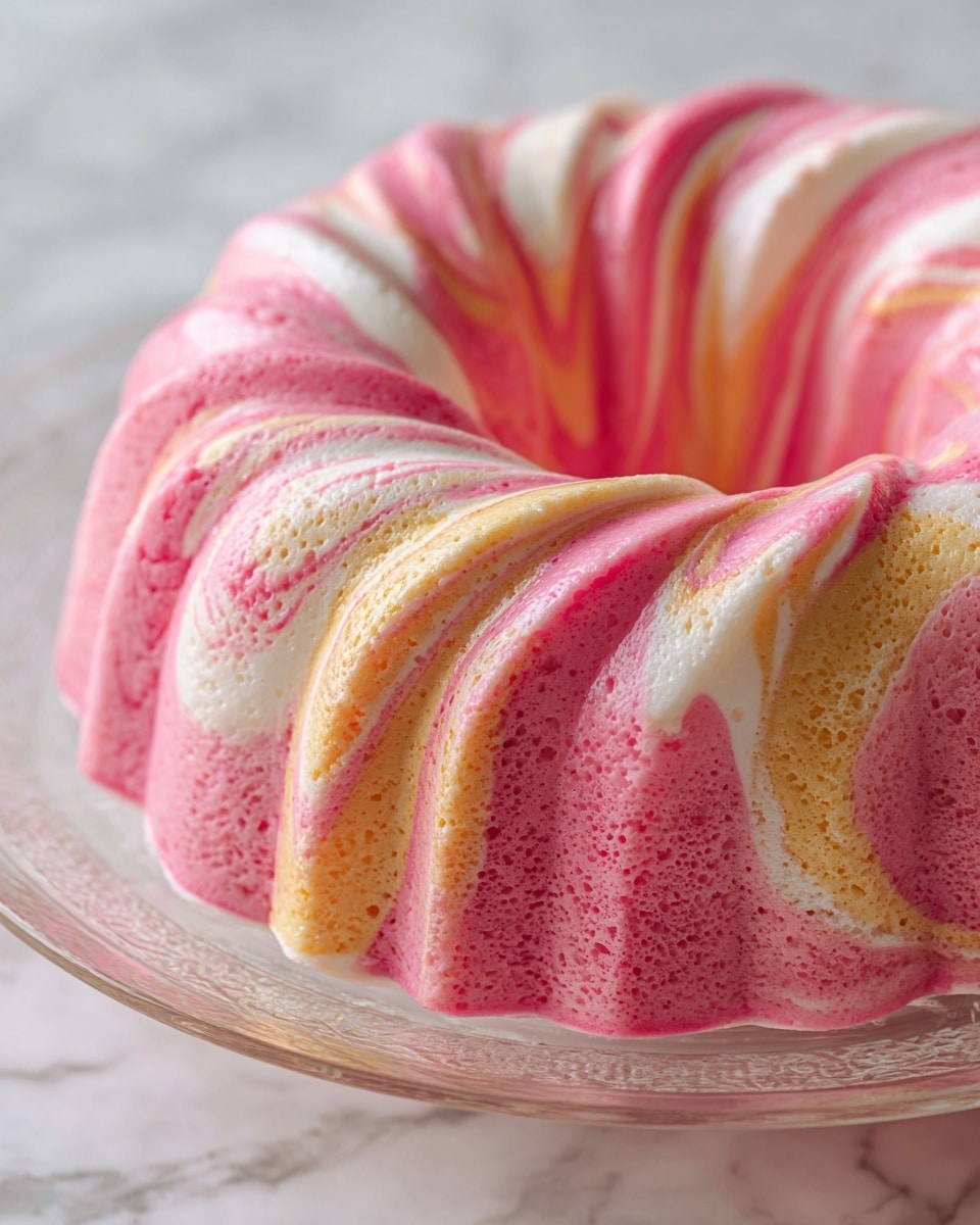 A swirled bundt cake with three distinct colors and textures sits on a clear glass plate. The cake layers twist together in a smooth pattern, with soft pink, white, and light yellow shades blending evenly around the shape. The surface looks fluffy and slightly spongy, showing the cake’s moist texture. The clear glass plate rests on a white marbled surface, adding an elegant touch to the simple yet colorful dessert. photo taken with an iphone --ar 4:5 --v 7