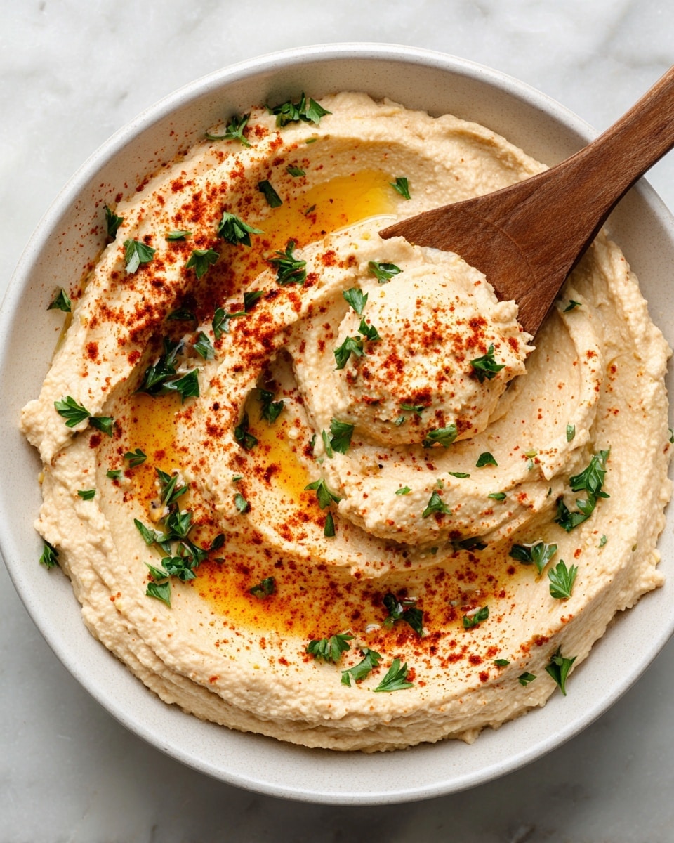 A white bowl filled with creamy, light beige hummus that has a smooth but slightly coarse texture. The hummus is spread evenly in one layer and topped with a thin drizzle of golden olive oil, which pools gently in the center and along the sides. Bright reddish-orange paprika is sprinkled lightly on top, adding small colorful specks. Fresh green parsley leaves are scattered over the surface, providing a touch of freshness and contrast. A wooden spoon rests inside the bowl, partially scooping up a rounded mound of hummus from the center, showing its soft, thick consistency. The bowl sits on a white marbled surface. Photo taken with an iphone --ar 4:5 --v 7