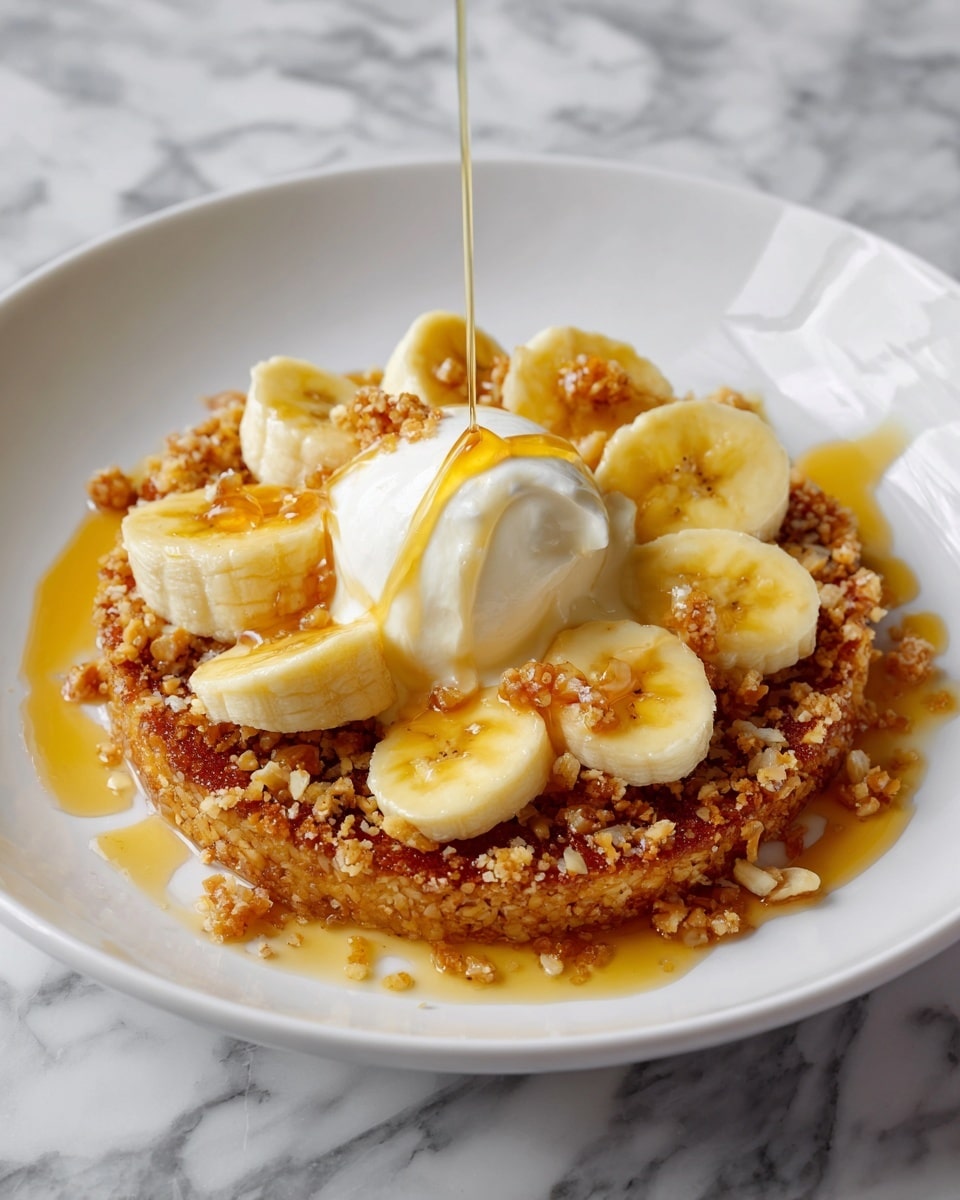 The dish shows a white plate with a dessert made of a crumbly, golden brown base that looks crispy and textured. On top, there are several slices of yellow banana arranged in a circle, with a dollop of white whipped cream sitting in the center. A drizzle of golden syrup pours over the bananas and crumbly base, creating a glossy shine. The background is a white marbled surface. Photo taken with an iphone --ar 4:5 --v 7