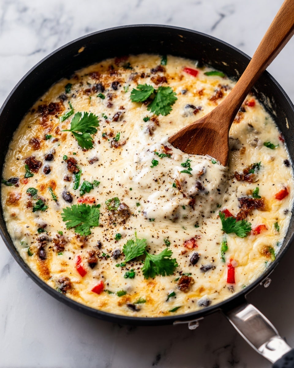 A close-up shot of a black skillet filled with a creamy, melted cheese layer that covers a mix of ingredients underneath, including small brown crispy pieces, green and red bell pepper strips, and black beans. The cheese layer is smooth, slightly golden in spots, and speckled with ground black pepper. On top of the cheese, there are a few fresh green cilantro leaves spread across the center. A wooden spoon is lifting a portion of the cheesy mix, showing the gooey texture. The skillet is placed on a white marbled textured surface. photo taken with an iphone --ar 4:5 --v 7
