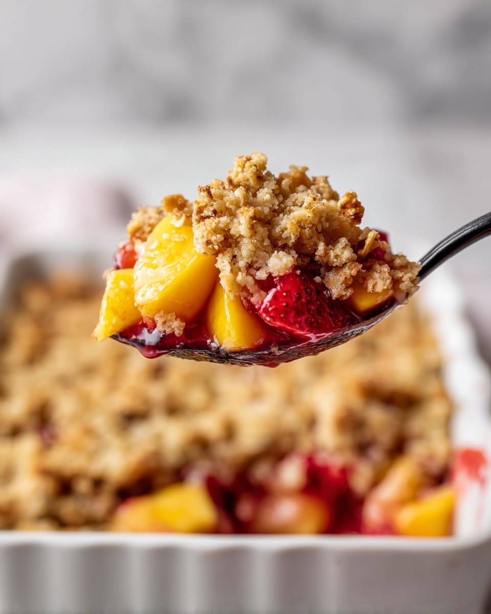 A close-up view of a spoon lifting a portion of fruit crumble, showing a textured top layer of golden oat crumble with a mix of small clusters and crumbs, sprinkled with darker toasted bits. Beneath the crumble, a glossy, syrupy fruit layer with bright yellow peach chunks and vibrant red strawberry pieces is visible, giving a juicy and soft look. The background shows a white baking dish filled with more of the crumble dessert, placed on a white marbled texture surface, slightly blurred to keep focus on the spoonful. The spoon is black, held by a woman's hand. photo taken with an iphone --ar 4:5 --v 7