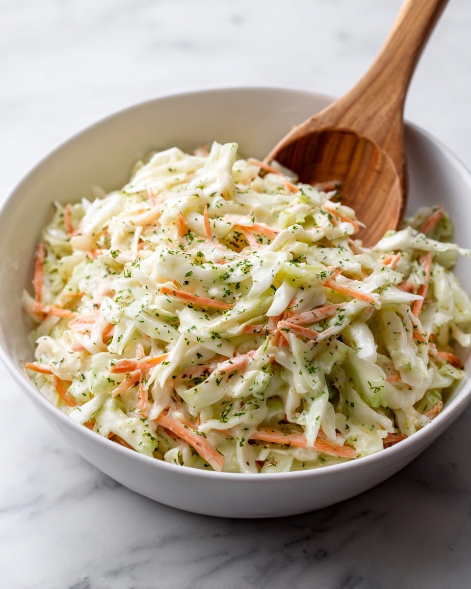 A clear white bowl filled with creamy coleslaw made of finely shredded pale green cabbage mixed with thin orange carrot strips. The coleslaw has a smooth, slightly shiny texture from the dressing, with small green herb flecks sprinkled throughout. A light wooden spoon rests inside the bowl, partially submerged in the mixture, as if ready to serve. The bowl sits on a white marbled surface. photo taken with an iphone --ar 4:5 --v 7