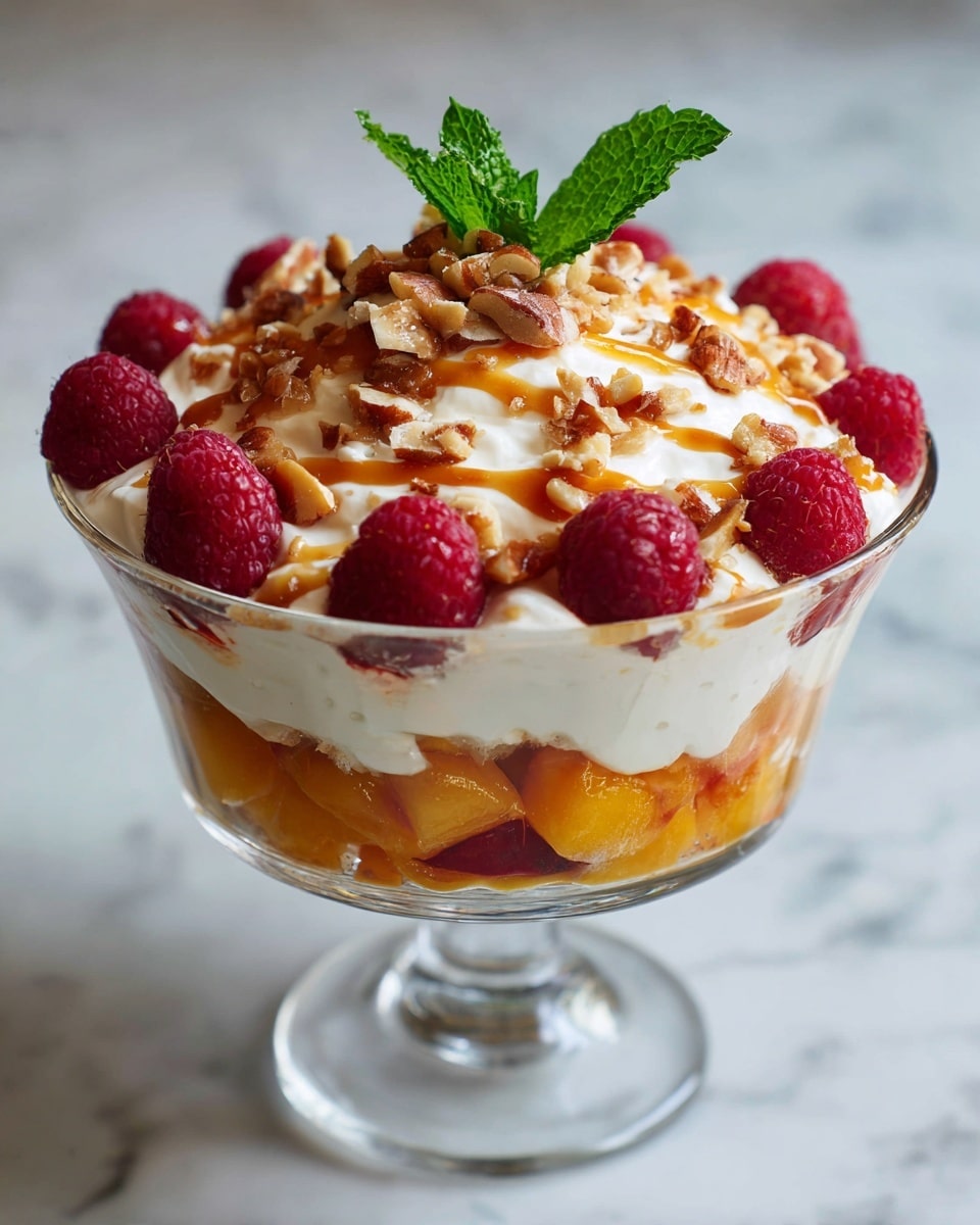 The image shows a clear glass bowl filled with a layered dessert placed on a white marbled surface. The bottom layer is made of small orange fruit pieces, likely peaches, with a soft texture. On top of the fruit is a thick, creamy white layer with a smooth texture. Above the cream are roughly chopped brown nuts sprinkled evenly, adding crunch. The dessert is topped with whole red raspberries and a drizzle of golden caramel sauce. A fresh green mint leaf rests on top as a garnish, giving a pop of color. Photo taken with an iphone --ar 4:5 --v 7