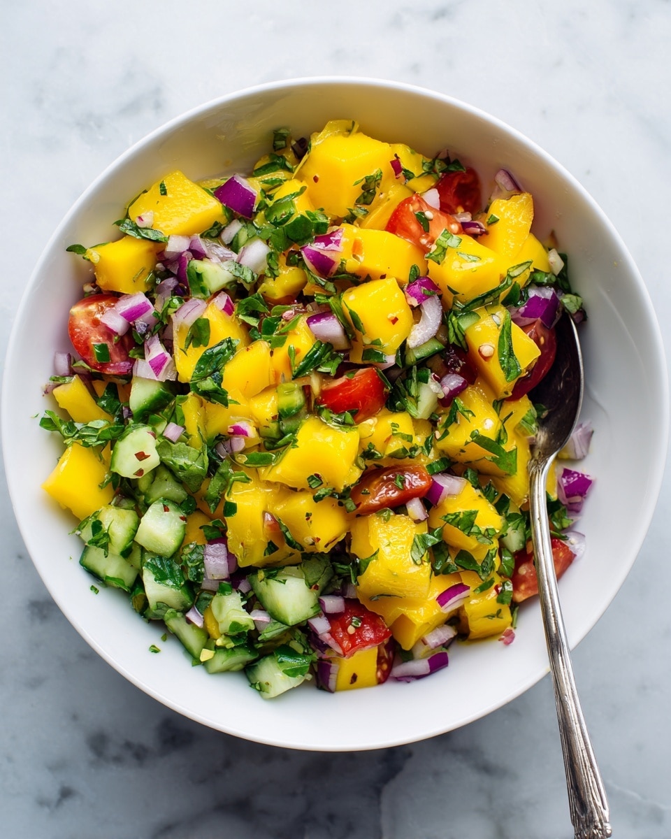 A close-up image showing a bowl filled with a colorful fruit and vegetable salad. The salad has about four visible layers: large bright yellow mango chunks forming the main layer, mixed with small red tomato pieces and purple-red onion cubes. There are fresh bright green basil leaves scattered throughout and finely chopped dark green herbs sprinkled on top. Some cucumber slices with light green and white shades add fresh texture among the ingredients. The bowl is white and rests on a white marbled surface, with a silver spoon placed inside the salad on the right side. photo taken with an iphone --ar 4:5 --v 7