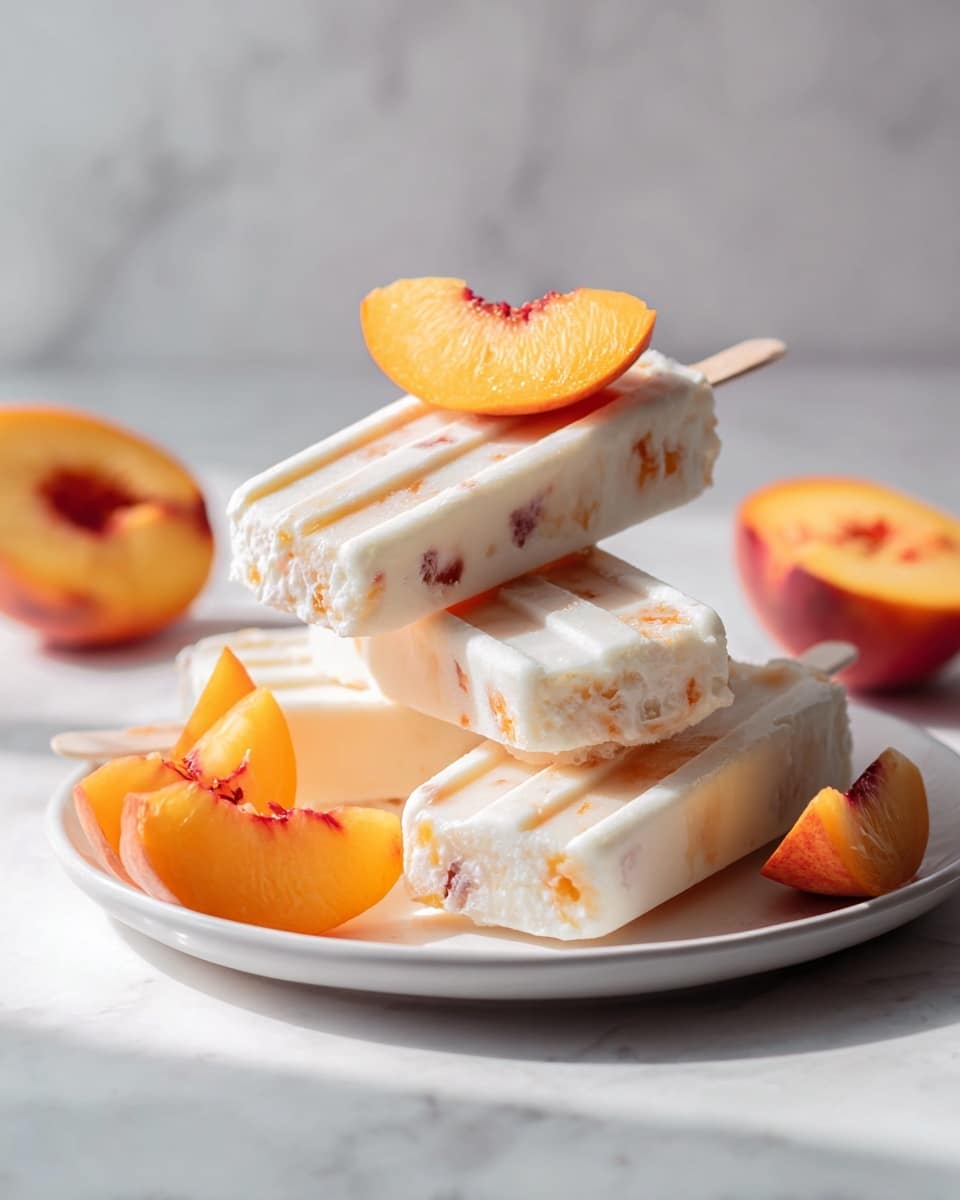 The image shows creamy white popsicles with small bits of peach mixed in, creating a textured look throughout each popsicle. There are two popsicles stacked on a plain white plate; one rests flat, while the other lies across it. Scattered around and on top of the popsicles are bright orange peach slices with smooth, shiny surfaces. The overall scene is set on a white marbled surface with soft natural light highlighting the freshness and creaminess of the popsicles and fruit. photo taken with an iphone --ar 4:5 --v 7