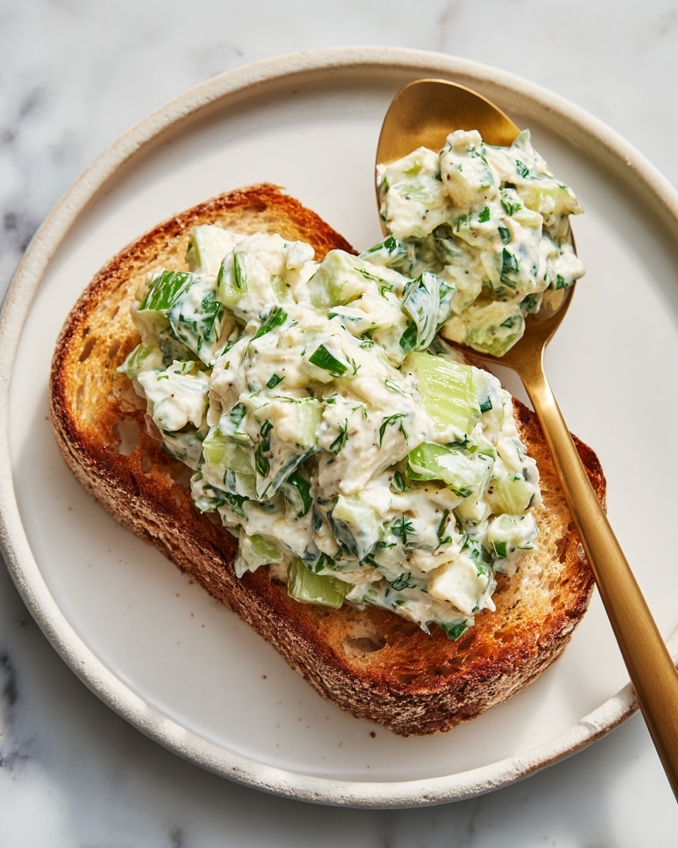 A single slice of toasted bread with a golden-brown crust and a slightly bubbled texture rests on a white plate. On top of the bread is a generous scoop of creamy salad mixture that is light green and white with visible chopped herbs and small pieces of celery, giving it a chunky and fresh look. A brass spoon holds a large portion of the salad, hovering just above the bread. The scene is set on a white marbled surface. photo taken with an iphone --ar 4:5 --v 7
