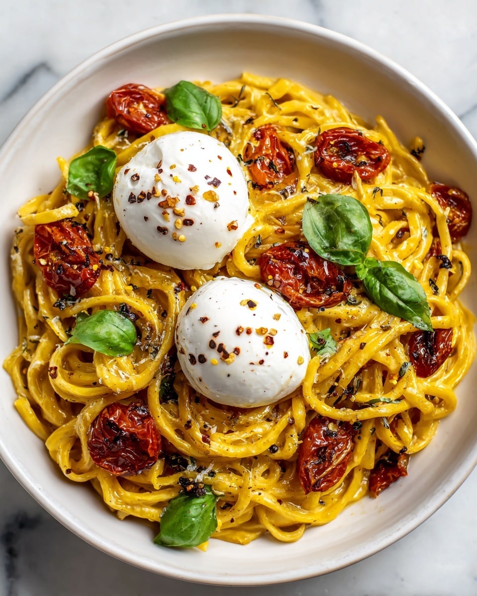 A white bowl filled with thick yellow pasta pasta mixed with roasted cherry tomatoes that are deep red and slightly wrinkled, scattered within the noodles. Two soft, white burrata cheese balls sit on top in the center, sprinkled with black pepper flakes. Fresh green basil leaves are placed around the pasta and cheese, adding contrast. The pasta looks creamy and glossy, and the bowl sits on a white marbled surface. photo taken with an iphone --ar 4:5 --v 7
