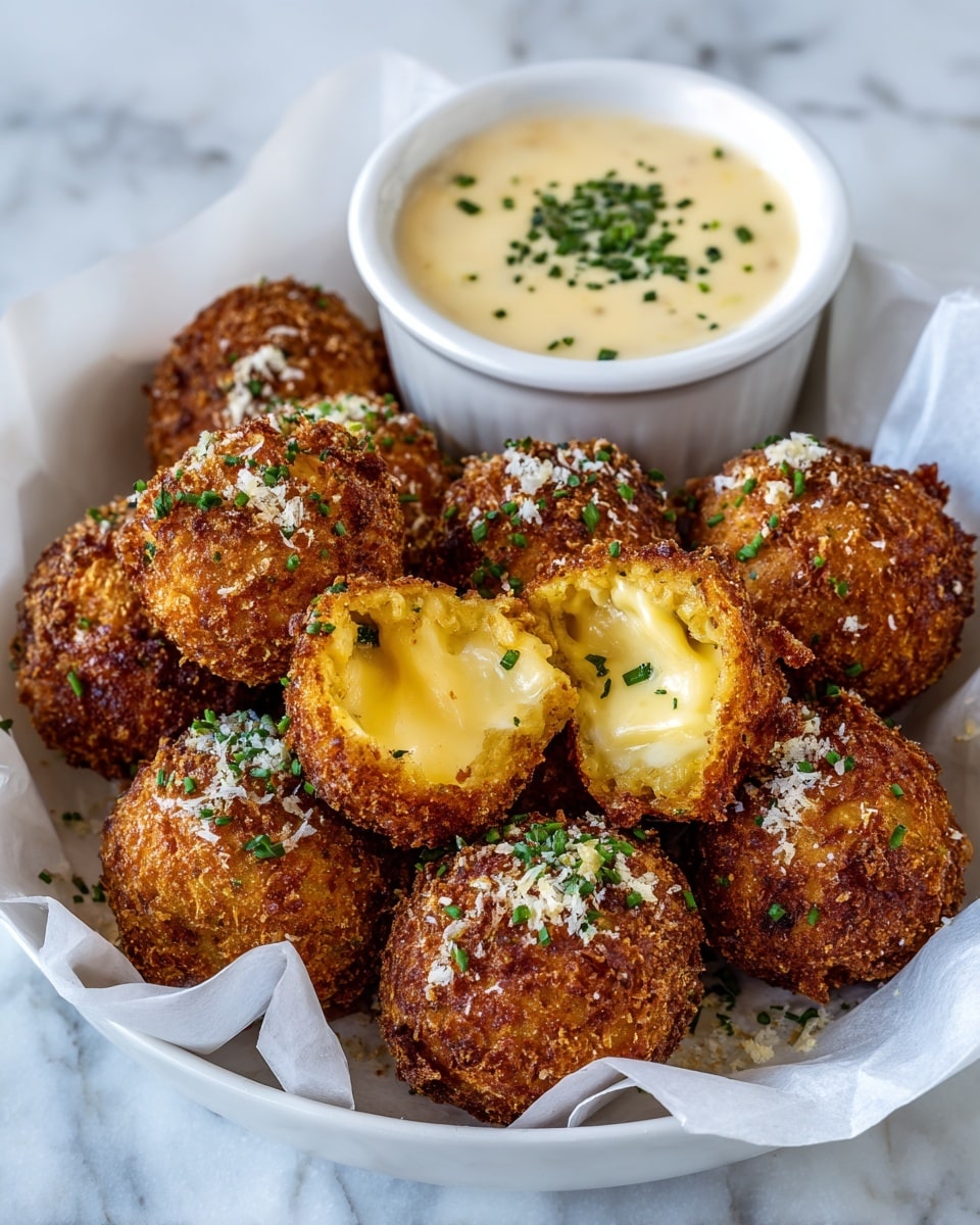 A white bowl lined with white paper holds about a dozen deep golden-brown fried balls that are crispy on the outside. One ball is cut open, showing a soft, creamy, pale yellow inside with green herbs mixed in. The balls are sprinkled with small green herb pieces and white grated cheese on top. Behind the balls is a small white bowl filled with a smooth, light-colored creamy sauce garnished with chopped green herbs. The bowl sits on a white marbled surface. photo taken with an iphone --ar 4:5 --v 7