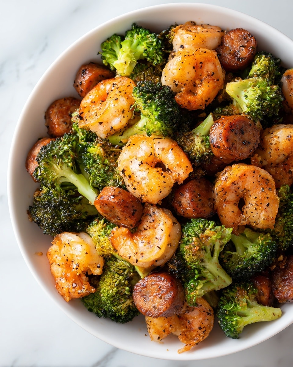 A white bowl is filled with a mix of cooked shrimp, broccoli, and sausage pieces. The shrimp are a golden orange color with some black pepper sprinkled on, curled and glossy with a slightly crispy texture. The broccoli is bright green with a fresh, slightly rough surface, placed amongst the shrimp. The sausage pieces are small, round, and dark brown with a glazed shine, scattered throughout the bowl. The entire dish looks juicy and well-seasoned, all sitting on a white marbled background. photo taken with an iphone --ar 4:5 --v 7
