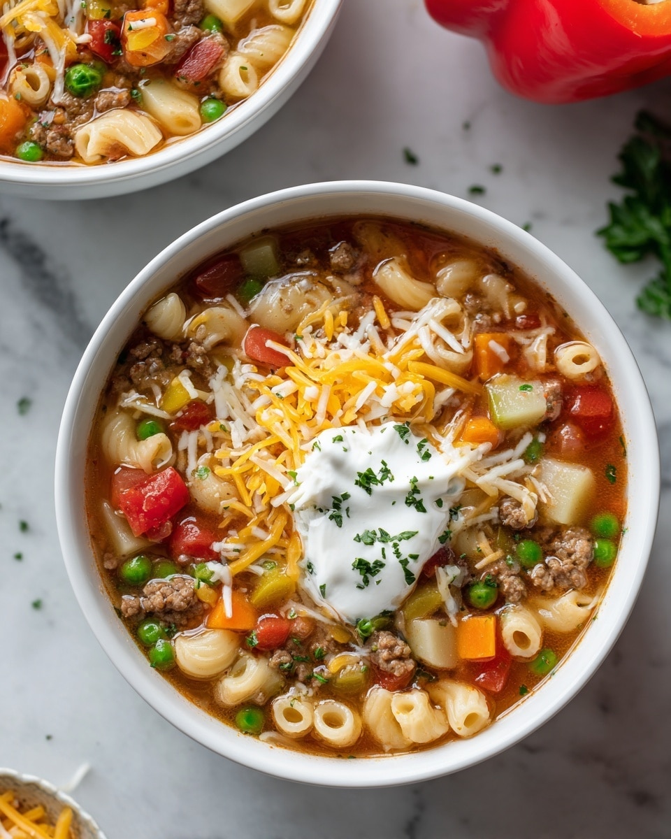 A white bowl is filled with a colorful vegetable and ground meat soup. The soup has a clear broth base with layers of small pasta shells, bright red bell pepper pieces, diced tomatoes, and cooked onions. There are also chunks of potatoes, green peas, and bits of ground meat spread evenly. On top, dollops of sour cream and shredded cheddar cheese add a creamy white and yellow texture, sprinkled with small green parsley flakes. In the background, a second white bowl with the same soup and a bright red bell pepper are visible on a white marbled surface. Photo taken with an iphone --ar 4:5 --v 7