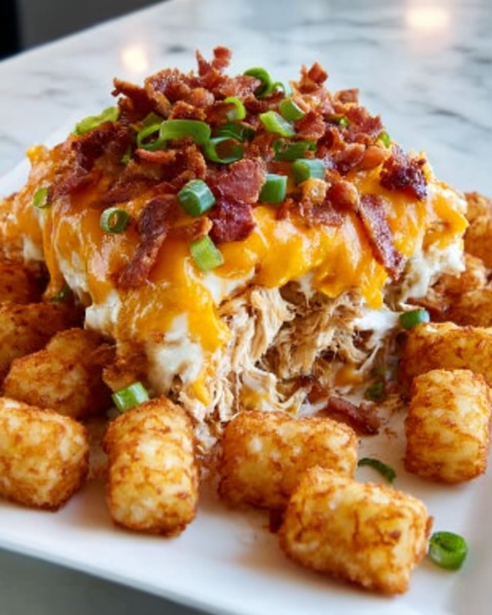 The image shows a white square plate filled with golden brown tater tots scattered around the main dish. At the center, there is a multi-layered stack: the bottom layer is shredded chicken, topped with a thick layer of melted white cheese. Above that, there is a bright orange melted cheddar cheese layer, sprinkled with crispy bacon pieces and green chopped scallions. The cheese looks gooey and stretches slightly where a piece has been cut, showing the inside layers clearly. The plate sits on a white marbled surface. photo taken with an iphone --ar 4:5 --v 7