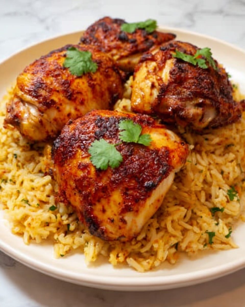 A white plate on a white marbled surface holds three pieces of roasted chicken with a reddish-brown crispy skin, garnished with small green cilantro leaves on top. The chicken pieces sit on a bed of yellowish rice mixed with small green herbs. The rice looks fluffy and moist, and the chicken pieces vary in size with browned and textured skin. photo taken with an iphone --ar 4:5 --v 7