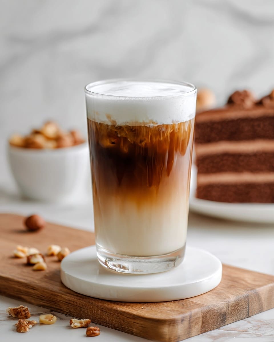 The image shows a three-layer iced coffee drink in a clear glass. The bottom layer is light creamy beige, the middle layer is a rich dark brown coffee shade blending softly upwards, and the top layer is thick white foam with a smooth texture. The glass sits on a round white coaster placed on a wooden board, which has some scattered small brown nut pieces. In the background, there is a slightly blurred white bowl filled with more nuts and a white plate holding a slice of layered chocolate cake, all set against a white marbled surface. photo taken with an iphone --ar 4:5 --v 7