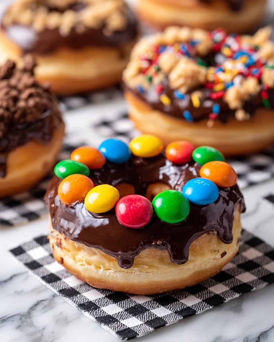 A close-up view of a single donut on a white marbled surface, covered with shiny dark chocolate glaze dripping slightly over the edges. On top of the glaze, there is a layer of colorful candy-coated chocolate pieces spread evenly, showing bright reds, blues, greens, yellows, and oranges. In the background, there are two other donuts, one with chocolate glaze and rainbow sprinkles, and another with pink frosting and sprinkles, all placed on a black-and-white checkered paper. The scene is lit softly to highlight the glossy texture of the glaze and the vibrant candy colors. Photo taken with an iphone --ar 4:5 --v 7