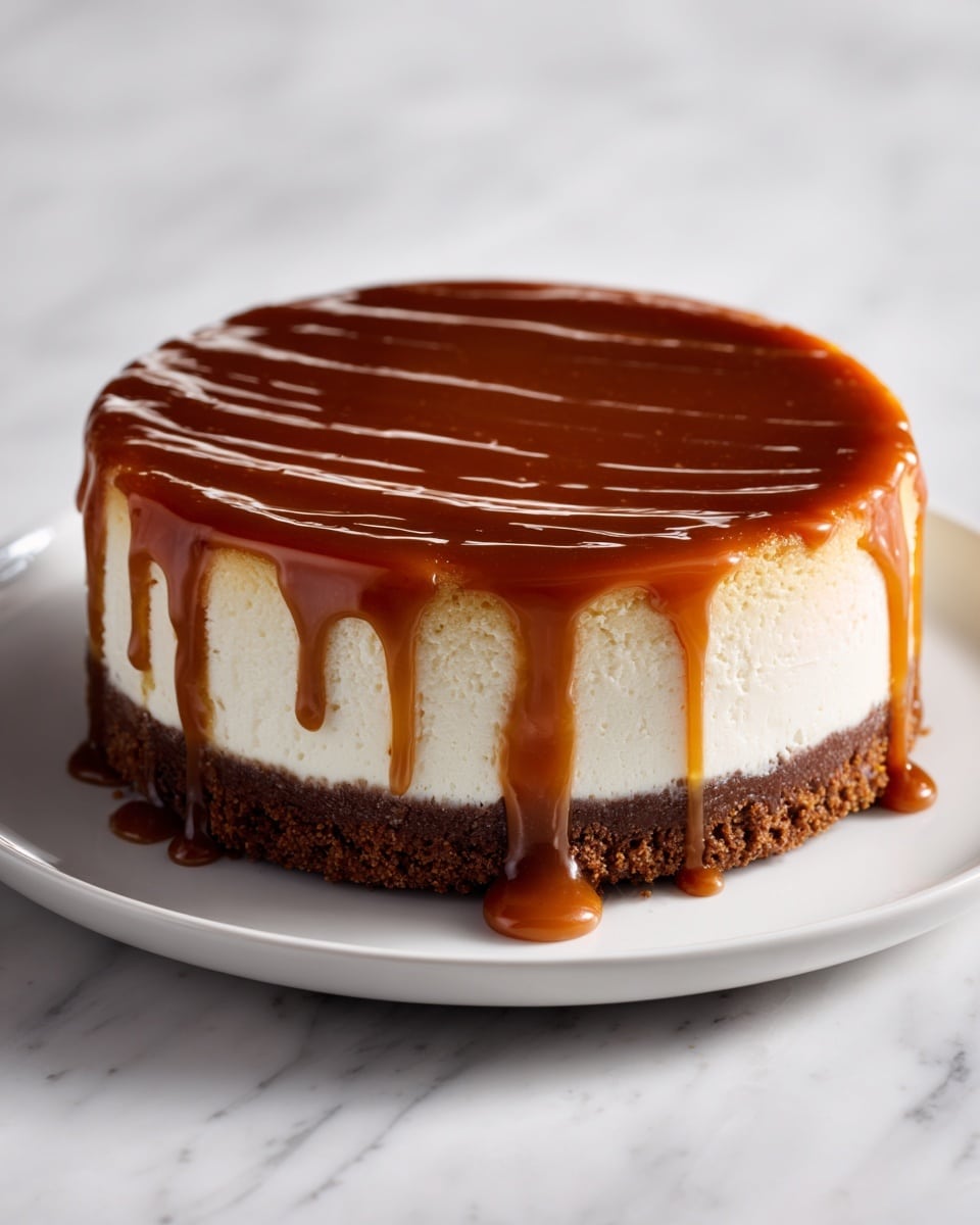 A round cheesecake with three clear layers sits on a white plate. The bottom layer is dark brown and looks like a cookie crust. The middle layer is thick and creamy white, smooth and solid. The top layer is a shiny, light brown caramel glaze that covers the cheesecake and drips down the sides in thin streams. The background is a white marbled surface, and the photo taken with an iphone --ar 4:5 --v 7