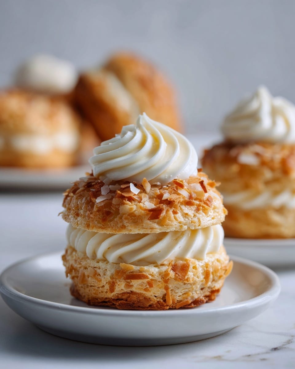 The image shows two stacked oatmeal cream pies on a checkered paper, placed on a white marbled surface. Each pie has two round layers of golden-brown oatmeal cookie with a rough, textured surface covered in oats. In between and on top of the pies is a thick, smooth, creamy white filling piped in a swirl on top. The overall look is soft yet crunchy, with a contrast between the light cream and darker oatmeal layers. Photo taken with an iphone --ar 4:5 --v 7