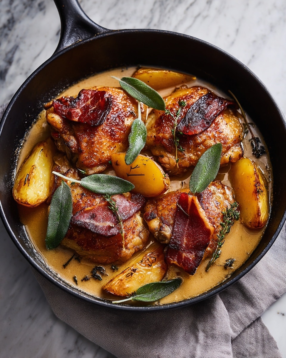 The image shows a black skillet filled with three pieces of golden-brown chicken thighs, each topped with a crispy, dark red prosciutto slice. The chicken sits in a shallow pool of light brown sauce, which also holds several lightly caramelized potato wedges with a golden-yellow color. Fresh green sage leaves are placed on top of the chicken and scattered in the sauce, adding a touch of green contrast. The skillet has a rustic look and is placed on a soft gray cloth over a white marbled surface. photo taken with an iphone --ar 4:5 --v 7