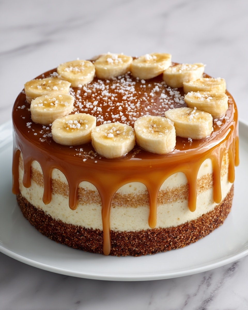 The image shows a round layered cake with four main layers, placed on a white plate. The bottom layer is a dark brown, crumbly crust that looks firm. Above it are three soft, light golden sponge cake layers with visible texture and even thickness. The top of the cake is covered in a thick, shiny caramel glaze that drips down the sides in smooth, sticky drops. On top, there is a ring of banana slices arranged closely in a circular pattern, each slice glistening with caramel and sprinkled with small white granules, likely sugar or salt. The background is a white marbled texture. photo taken with an iphone --ar 4:5 --v 7