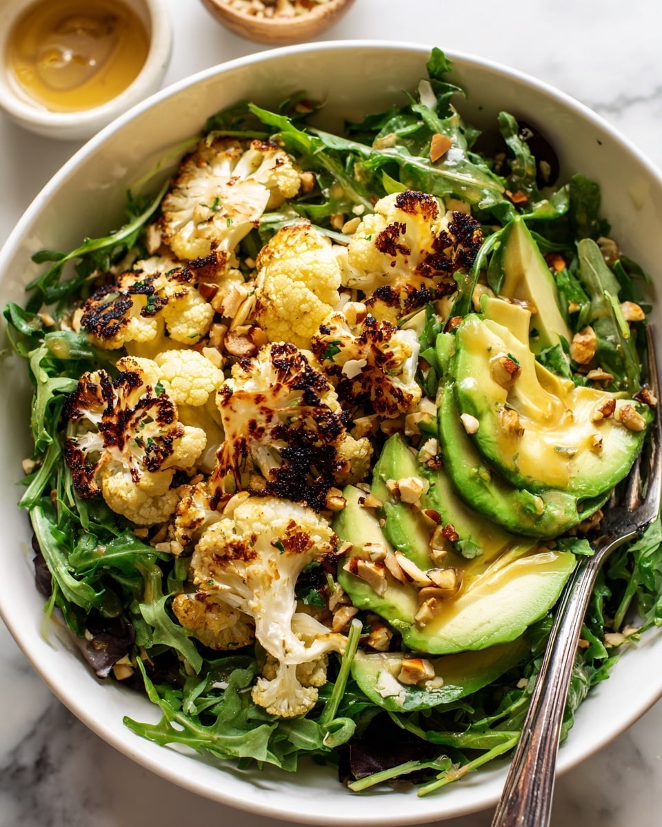A white bowl filled with three main layers: the bottom layer is dark green arugula leaves spread evenly, the middle layer consists of light golden roasted cauliflower florets with charred edges scattered throughout, and the top layer includes sliced light green avocado pieces and small chopped nuts sprinkled over everything. The salad is drizzled with a golden dressing that shines on the vegetables, and a silver fork rests inside the bowl on the right side. The bowl sits on a white marbled surface with small bowls blurred in the background. photo taken with an iphone --ar 4:5 --v 7