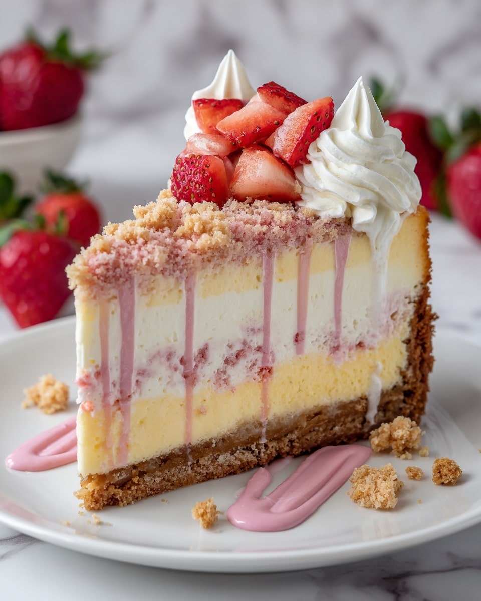 A slice of strawberry cheesecake is on a white plate. The cake has four layers: at the bottom, a crumbly light brown crust, above it a thick creamy yellow layer, then a thick white cream layer with pink drizzle down the sides, and on top a crumbly pink and beige streusel. Fresh red strawberry pieces are placed on top next to a small dollop of white whipped cream. Crumbs and pink drizzle are scattered around the plate. The background has a white marbled texture, and fresh whole strawberries are blurred in the back. Photo taken with an iphone --ar 4:5 --v 7